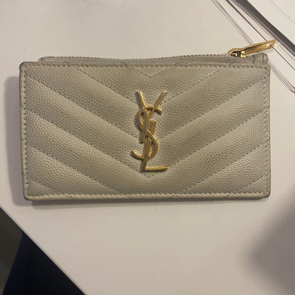 Used white YSL card holder with gold zipper